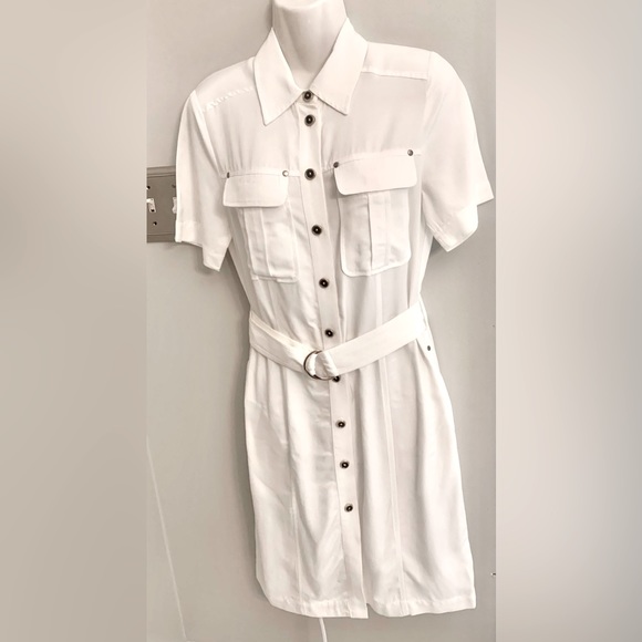 Women's 4 S Small Designer Karen Millen White belted Tailored Utility Dress - Picture 5 of 11
